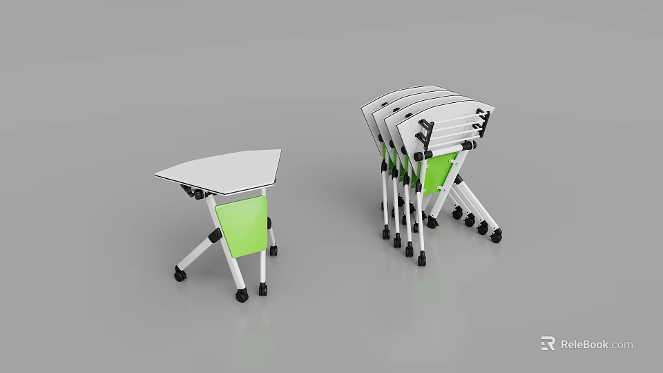 Stacked Foldable Triangular Conference Tables with White Tabletop Green Frames and Wheels 3d model 