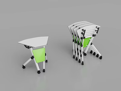 Stacked Foldable Triangular Conference Tables with White Tabletop Green Frames and Wheels 3d model