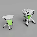 Stacked Foldable Triangular Conference Tables with White Tabletop Green Frames and Wheels
