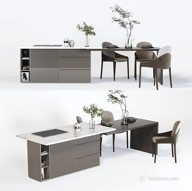 Modern Dining Table Set with Stylish Chairs and Storage Cabinet Decorated with Vases and Plants 3d model 