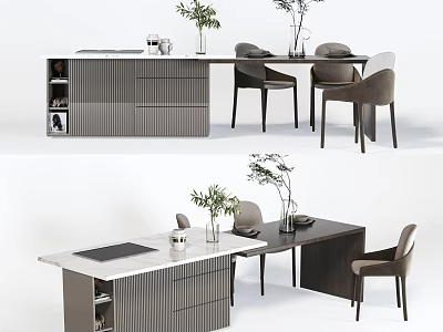 Modern Dining Table Set with Stylish Chairs and Storage Cabinet Decorated with Vases and Plants 3d model
