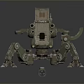 Natural Landscape With Green Mechanical Spider And Metal Legs On Rocky Terrain