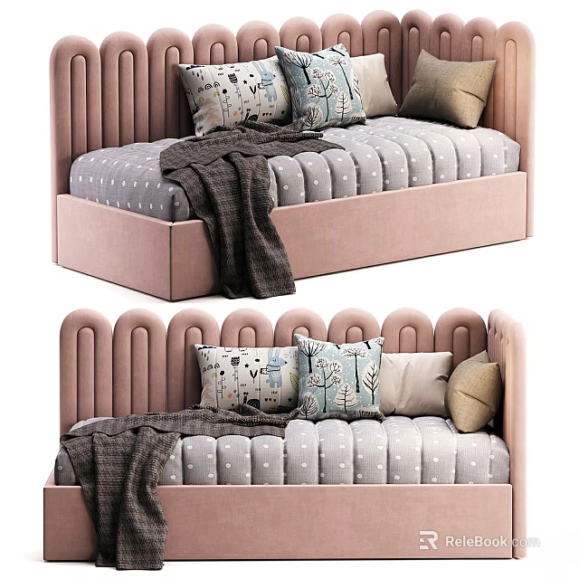 Pink Kids Bed With Scalloped Headboard Gray Dotted Mattress Pillows And Blanket 3d model 