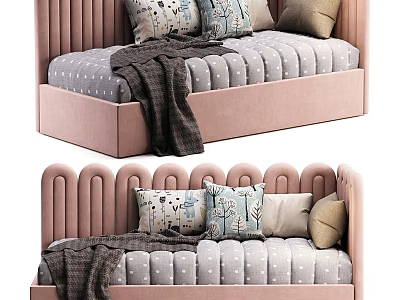 Pink Kids Bed With Scalloped Headboard Gray Dotted Mattress Pillows And Blanket 3d model
