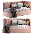 Pink Kids Bed With Scalloped Headboard Gray Dotted Mattress Pillows And Blanket