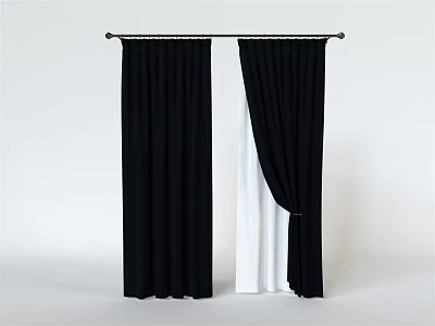 Stylish Black Curtains With White Liner Partially Open On Curtain Rod 3d model