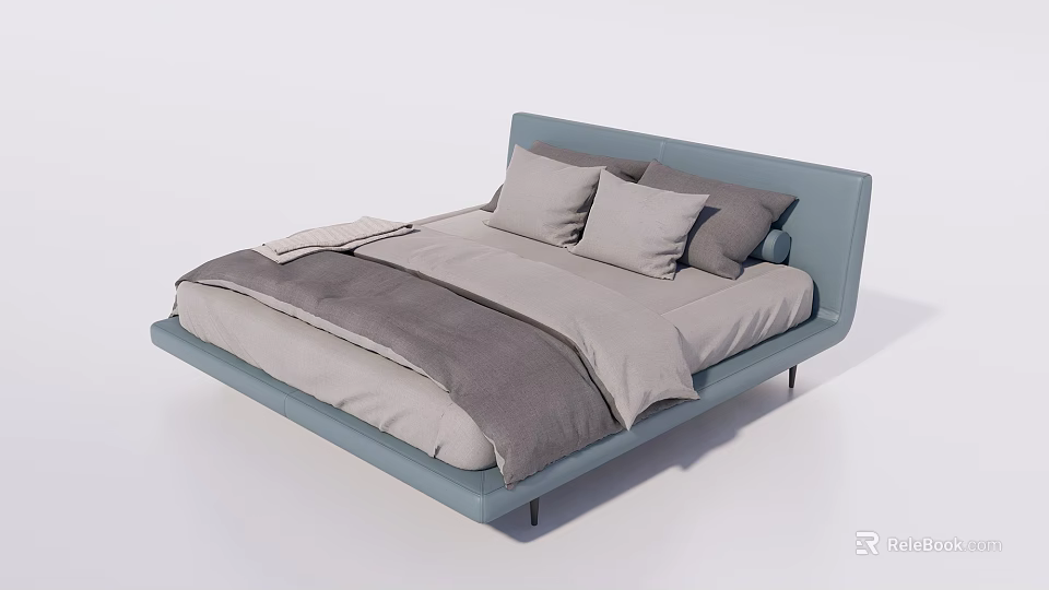 Modern Double Bed Design With Light Blue Headboard And Gray Bedding Pillows 3d model