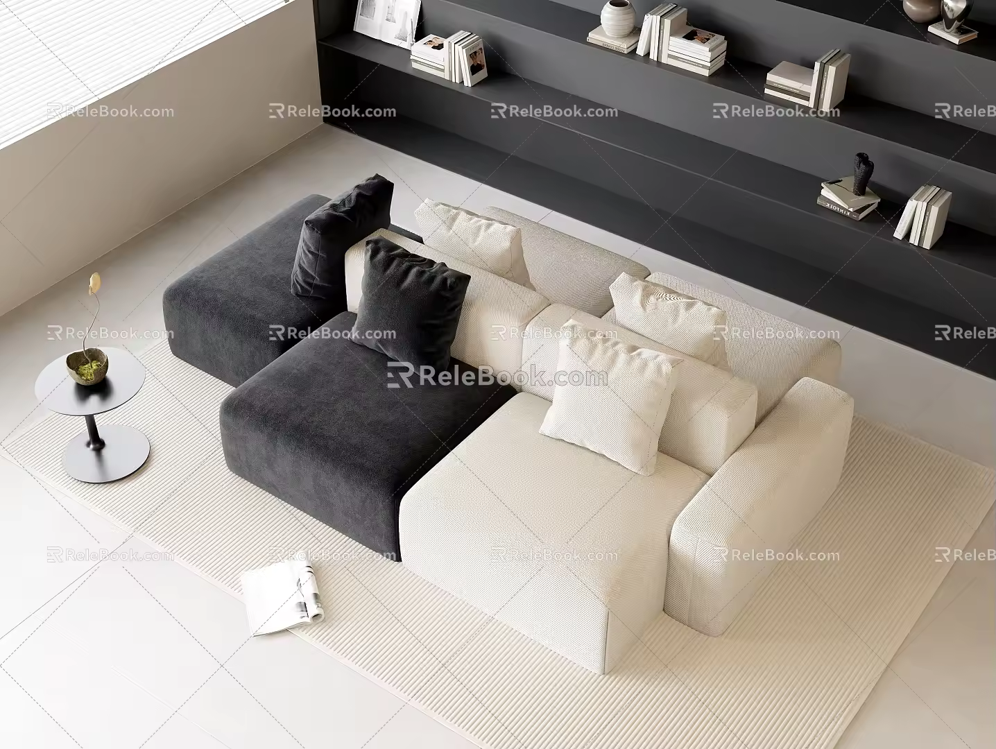 Fabric Multi-person Sofa Back-to-back Combination Sofa Bean Curd Block Combination Sofa Bookcase Background Wall Decorative Cabinet Round Side Books Jewelry Ornaments Carpet 3d model