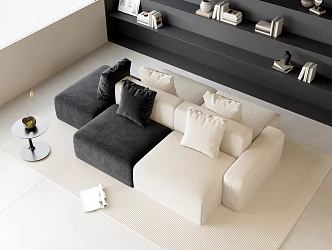 Fabric Multi-person Sofa Back-to-back Combination Sofa Bean Curd Block Combination Sofa Bookcase Background Wall Decorative Cabinet Round Side Books Jewelry Ornaments Carpet 3d model