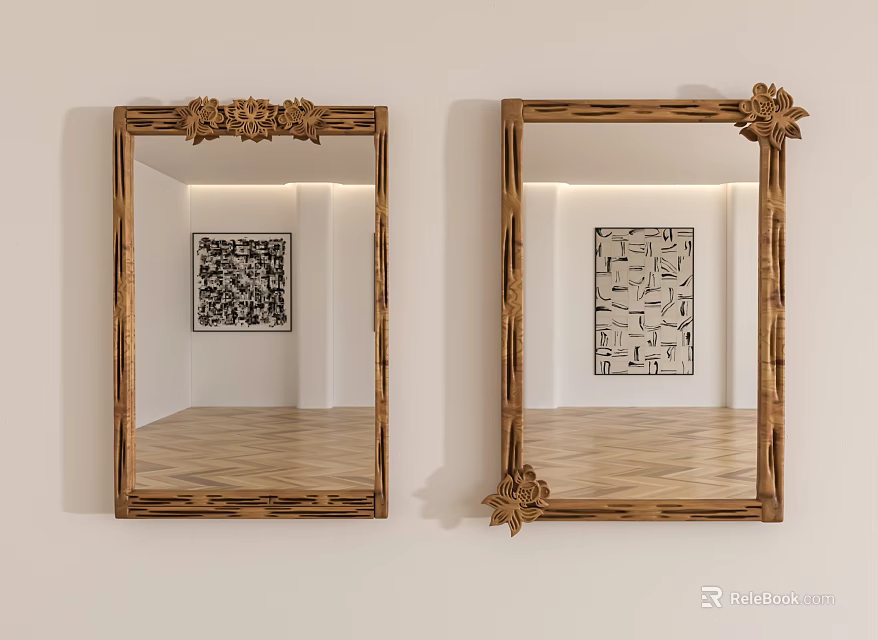 Two Decorative Mirrors With Ornate Frames Reflecting Wall Art And Wooden Floor 3d model 