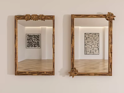 Two Decorative Mirrors With Ornate Frames Reflecting Wall Art And Wooden Floor 3d model