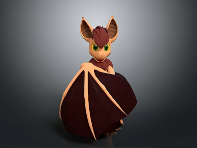 Cute Fantasy Game Character With Large Ears Green Eyes And Brown Bat Wings 3d model