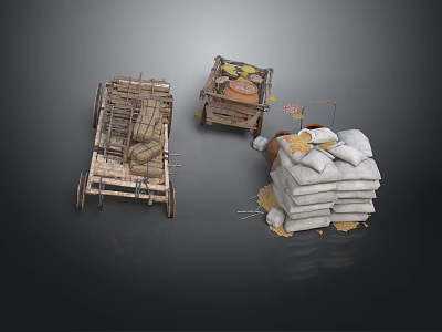 Rustic Wooden Cart With Cage And Crate Filled With Items And Stacked Sandbags 3d model