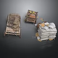 Rustic Wooden Cart With Cage And Crate Filled With Items And Stacked Sandbags