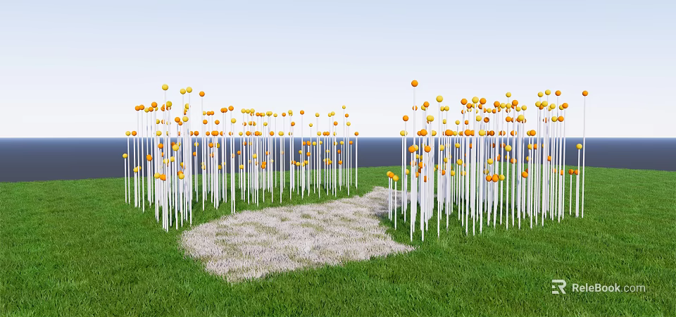 Outdoor Lights With White Poles And Yellow Spherical Lights On Green Grass Pathway Ocean Sky 3d model 