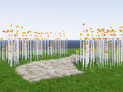 Outdoor Lights With White Poles And Yellow Spherical Lights On Green Grass Pathway Ocean Sky 3d model