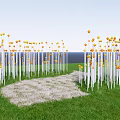 Outdoor Lights With White Poles And Yellow Spherical Lights On Green Grass Pathway Ocean Sky