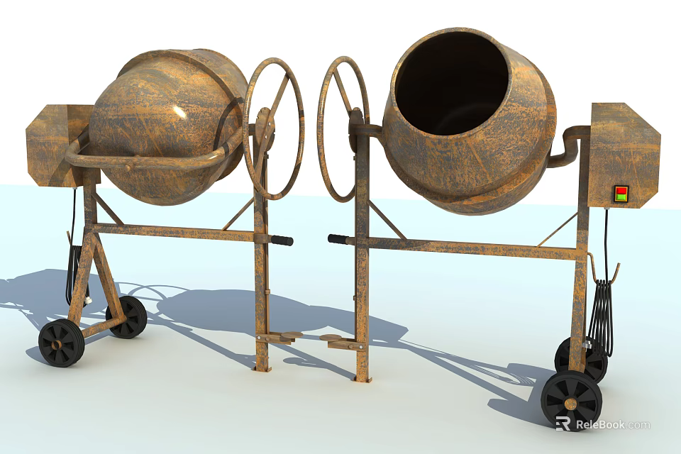 Two Rustic Concrete Mixers Industrial Equipment With Metal Frames And Wheels 3d model 