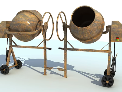 Two Rustic Concrete Mixers Industrial Equipment With Metal Frames And Wheels 3d model