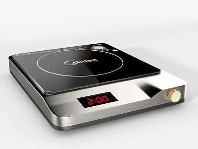 Modern Kitchen Induction Cooktop with Black Glass Panel Golden Border Digital Timer Display and Knob 3d model