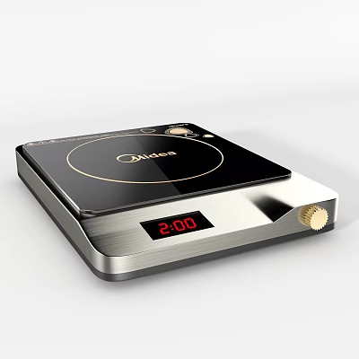 Modern Kitchen Induction Cooktop with Black Glass Panel Golden Border Digital Timer Display and Knob 3d model