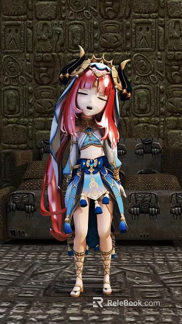 Anime Style Game Character With Pink Red Long Hair Blue White Outfit And Stone Wall 3d model 