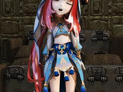 Anime Style Game Character With Pink Red Long Hair Blue White Outfit And Stone Wall 3d model