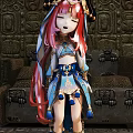 Anime Style Game Character With Pink Red Long Hair Blue White Outfit And Stone Wall