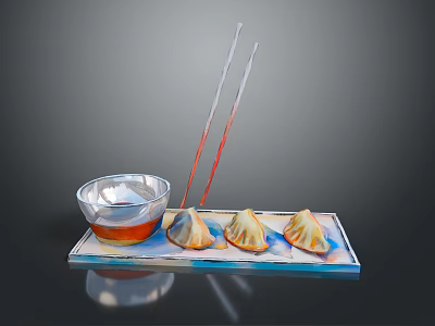 Delicious Steamed Dumplings With Dipping Sauce And Chopsticks On Ceramic Tray 3d model