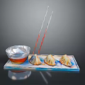 Delicious Steamed Dumplings With Dipping Sauce And Chopsticks On Ceramic Tray