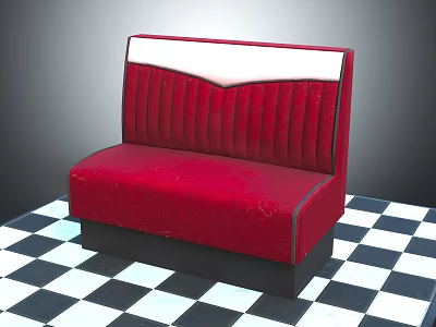 Red Upholstered Sofa With White Backrest And Tufted Design On Black And White Checkered Floor 3d model