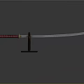 Traditional Samurai Sword With Red Black Handle And Metal Display Stand