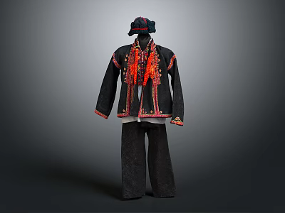 Traditional Ethnic Clothing Set With Black Coat Red Embroidery And Matching Hat Pants 3d model