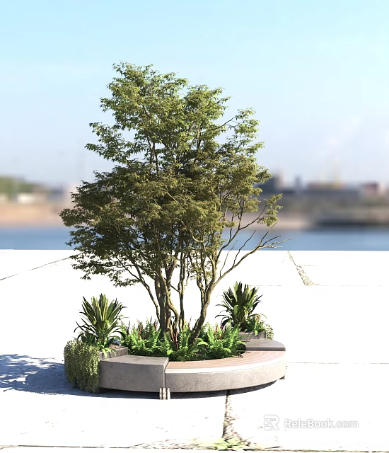 Lush Green Arbor With Multiple Trunks And Small Plants In Circular Planter By Waterfront 3d model 