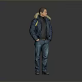 Man In Blue Coat With Fur Collar Black Turtleneck Blue Jeans Green Shoes Gray Background