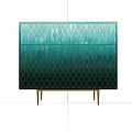 Stylish Console Cabinet With Gradient Blue Green Scallop Pattern And Gold Legs