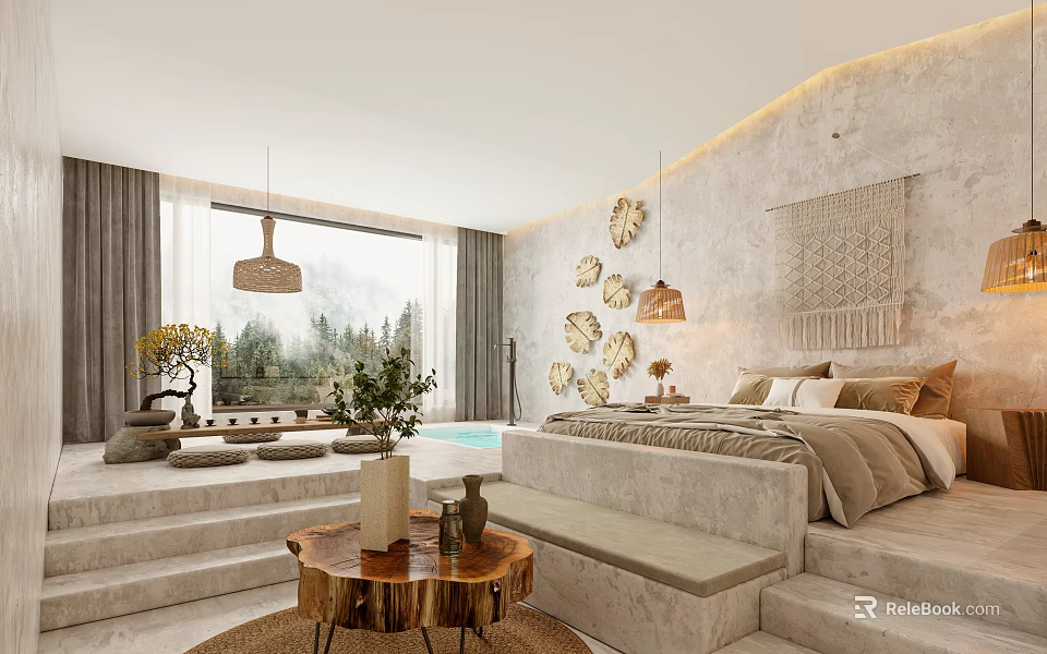 Modern Hotel Guest Room with Large Windows Mountain View Decorative Art and Cozy Bed 3d model 