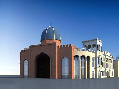 Commercial Street With Traditional Red Brick Dome Arched Doorway And Multi Story Buildings 3d model