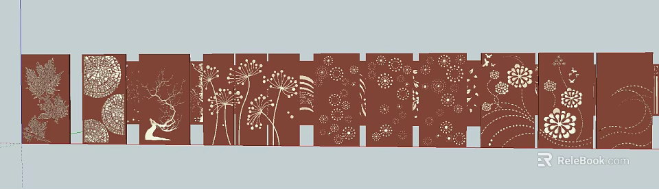 Brown Background Wall Decorated With White Dandelion Patterns Circular Designs And Vertical Stripes 3d model