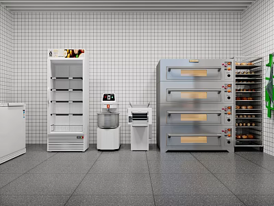 Commercial Kitchen Setup With Stainless Steel Oven Refrigerator And Storage Racks 3d model