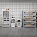 Commercial Kitchen Setup With Stainless Steel Oven Refrigerator And Storage Racks