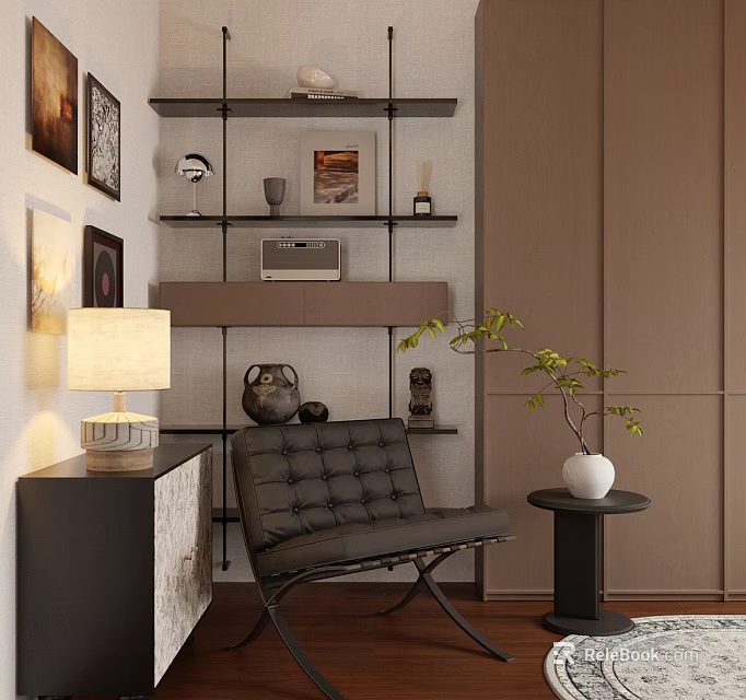 Modern Study Room Interior With Black Leather Armchair Shelves And Table Lamp 3d model 