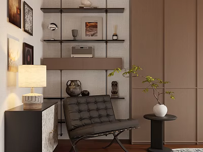 Modern Study Room Interior With Black Leather Armchair Shelves And Table Lamp 3d model