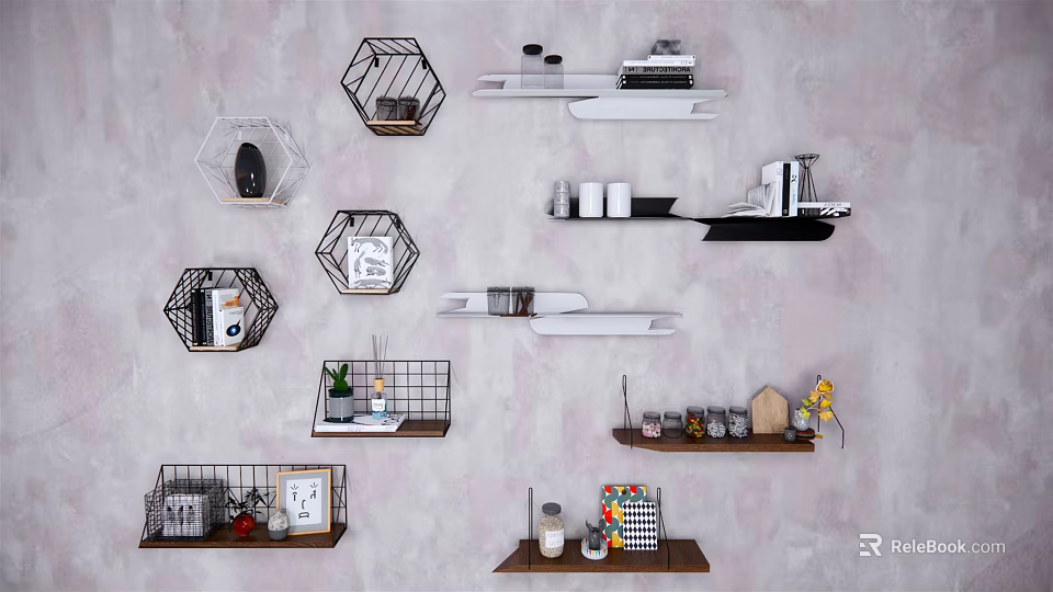 Modern Wall Cabinets With Hexagonal Metal And Rectangular Wooden Shelves Decorations On Gray Wall 3d model 