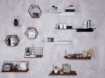 Modern Wall Cabinets With Hexagonal Metal And Rectangular Wooden Shelves Decorations On Gray Wall 3d model