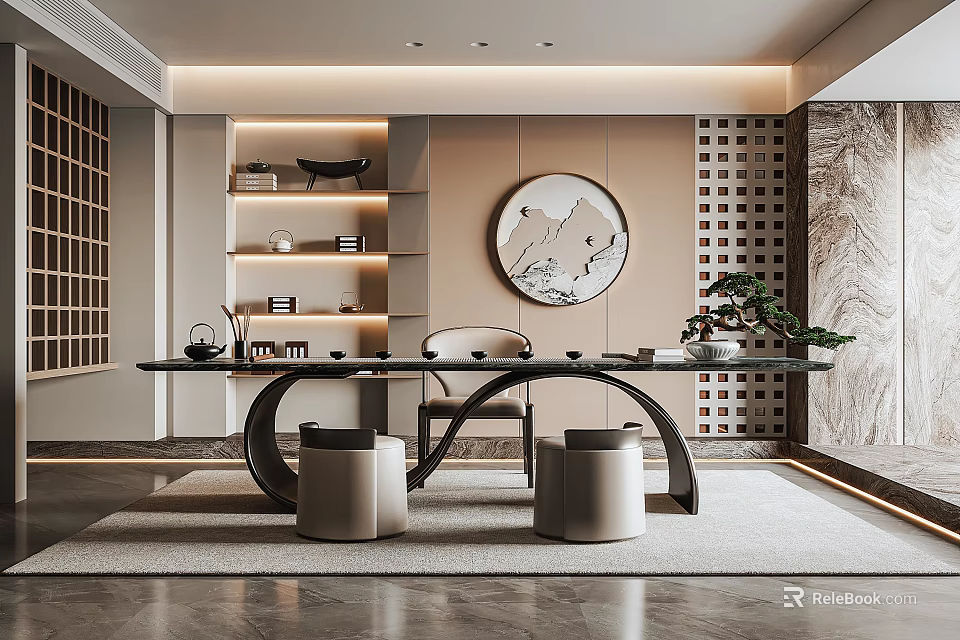 Elegant Modern Tea Room Interior with Black Table Round Decorative Painting and Wooden Shelves 3d model 