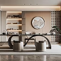 Elegant Modern Tea Room Interior with Black Table Round Decorative Painting and Wooden Shelves