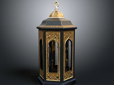 Decorative Octagonal Lantern With Golden Dome And Intricate Black Carvings 3d model