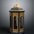 Decorative Octagonal Lantern With Golden Dome And Intricate Black Carvings