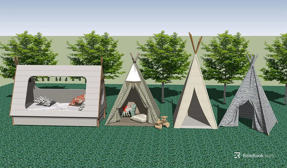 Various Style Tents On Green Grass With Trees And Cozy Cushions 3d model 